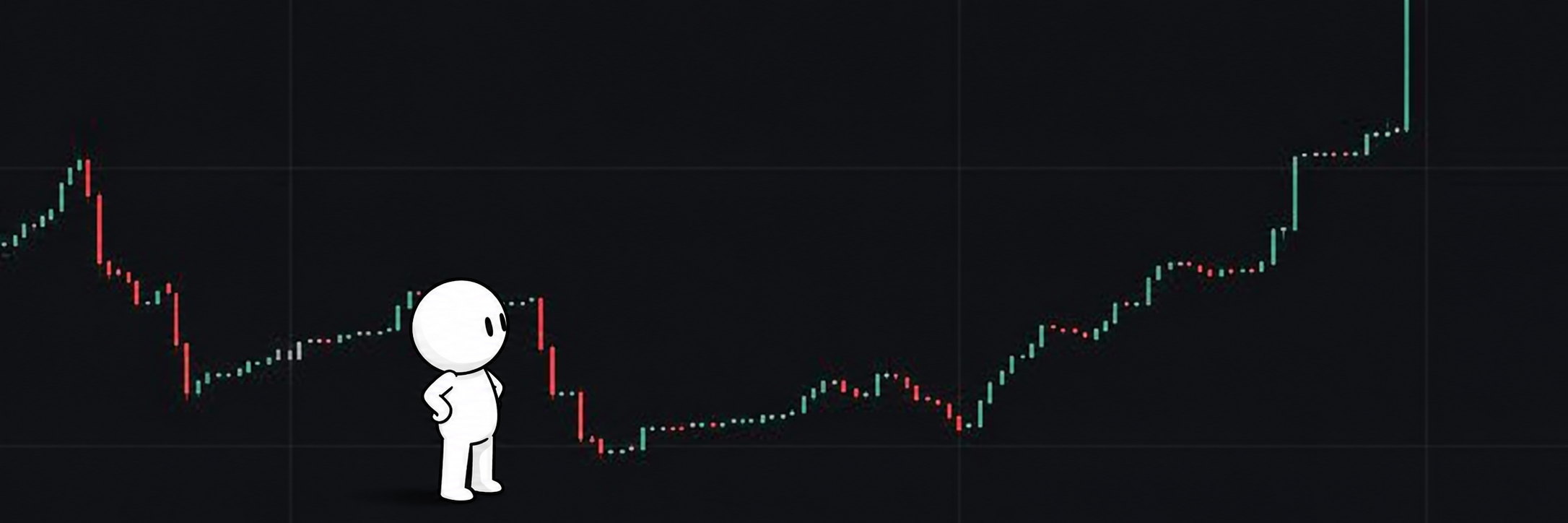 Cartoon character pondering a candlestick chart that dips then spikes green
